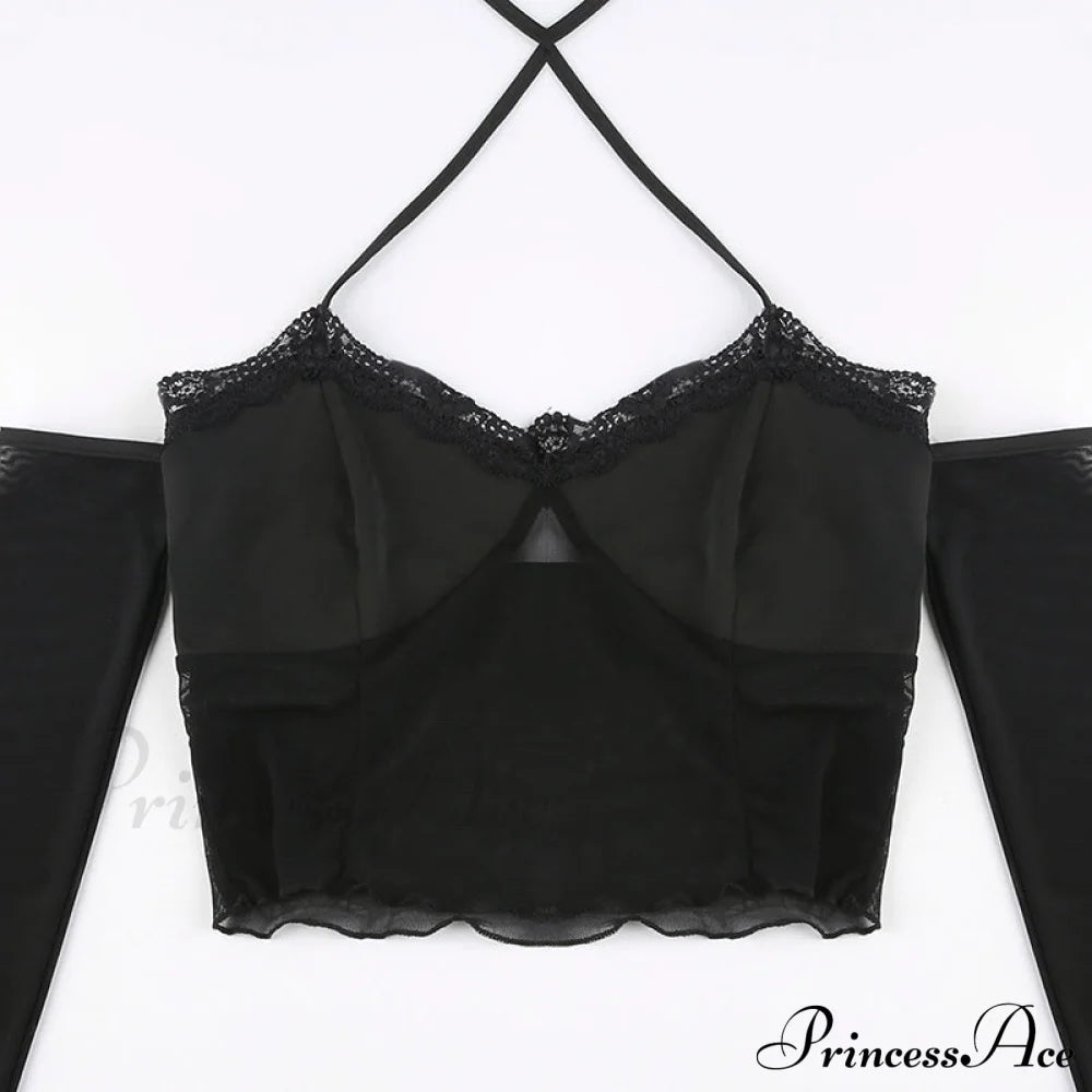Black - With Mesh T-Shirt Rave Patchwork Sexy Goth Lace Clubwear