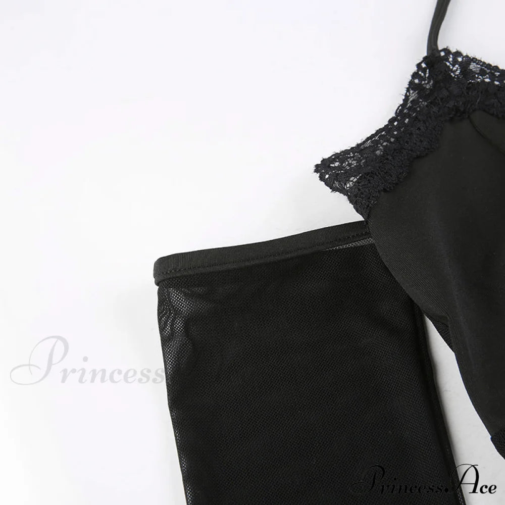 Black - With Mesh T-Shirt Rave Patchwork Sexy Goth Lace Clubwear