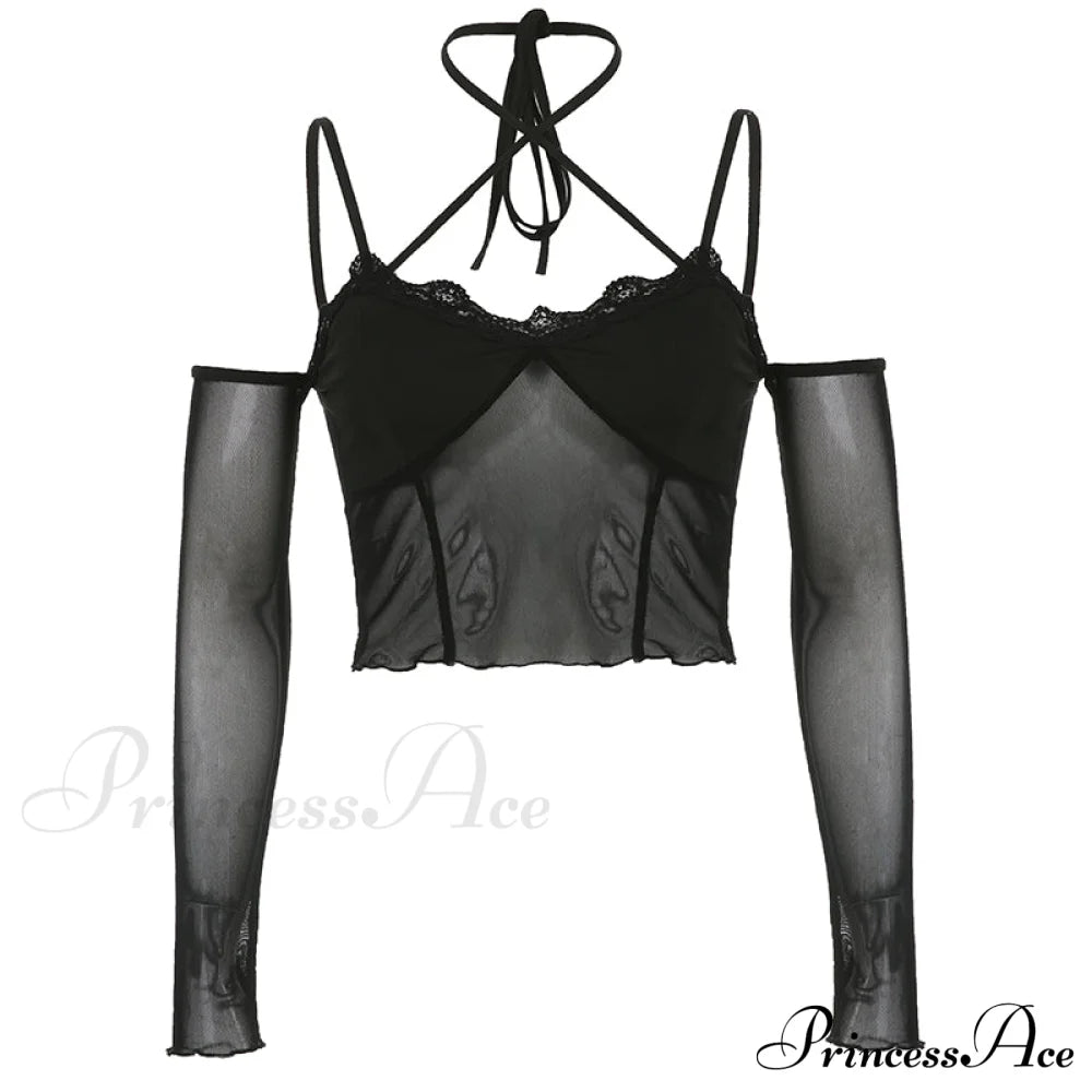 Black - With Mesh T-Shirt Rave Patchwork Sexy Goth Lace Clubwear