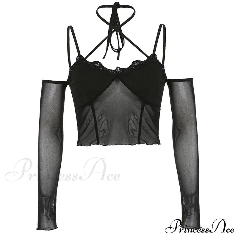 Black - With Mesh T-Shirt Rave Patchwork Sexy Goth Lace Clubwear As Picture / S