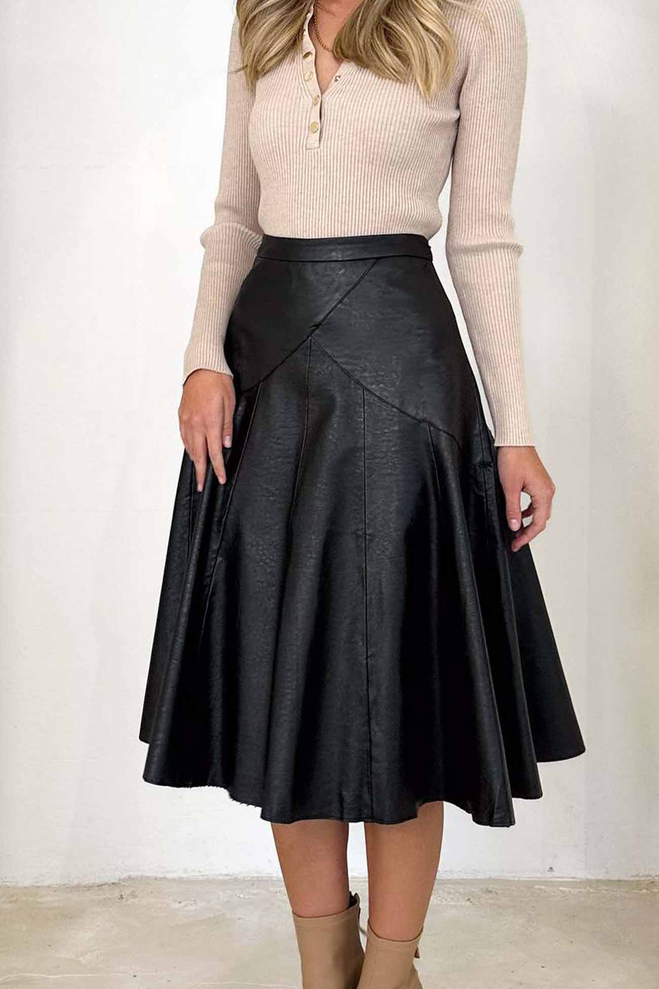 High Waist Pleated Midi Skirt crafted from Leather