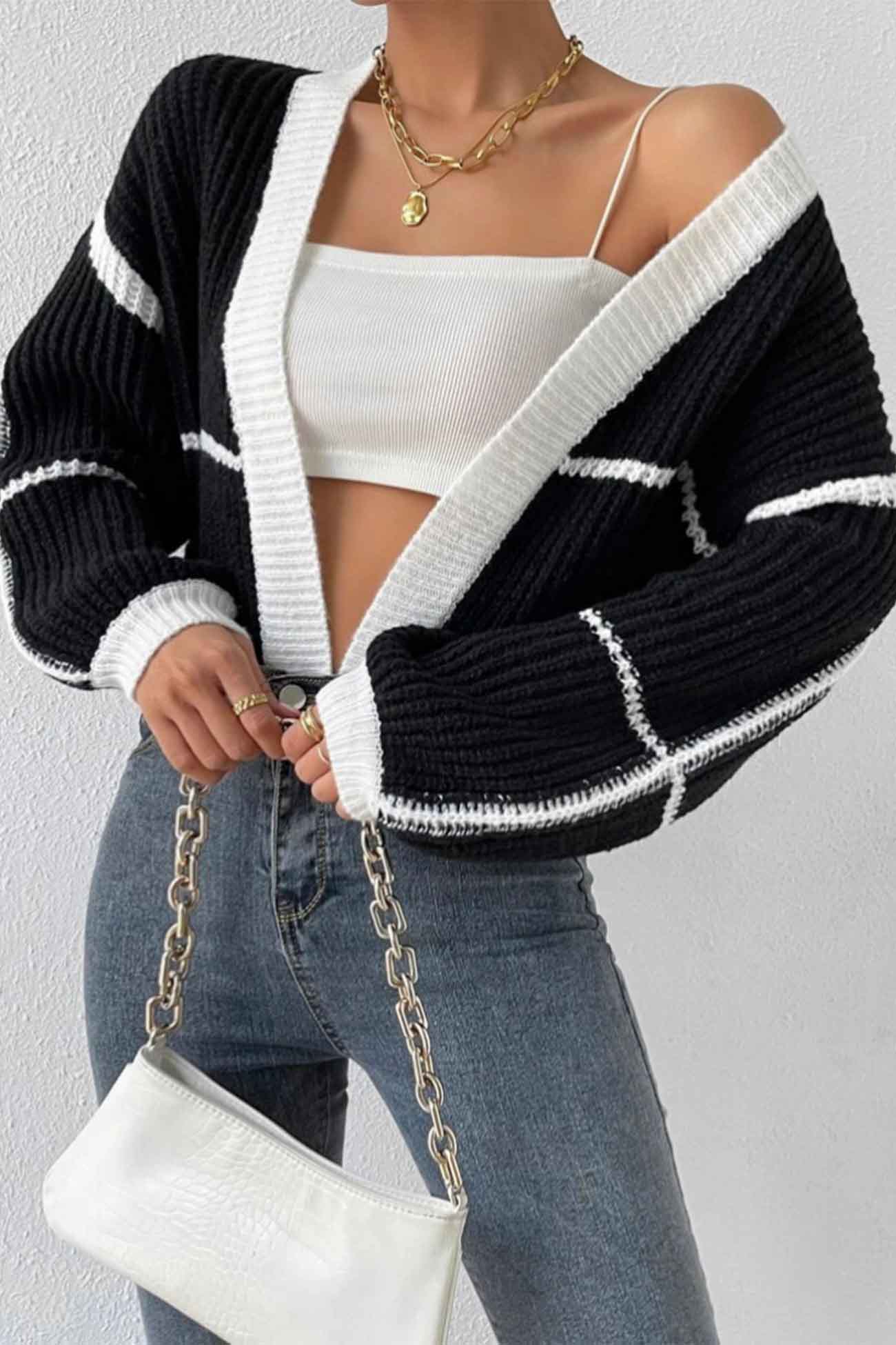 Patchwork Knit Long Sleeve Open-Front Cardigan