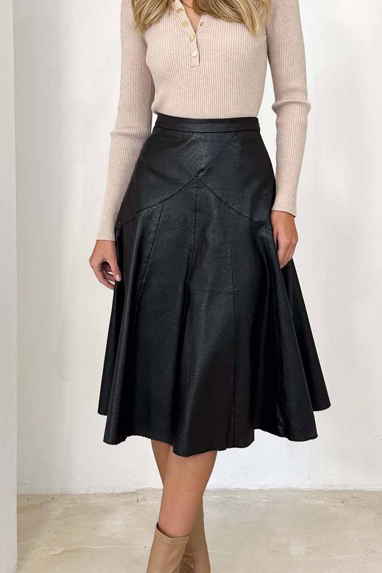 High Waist Pleated Midi Skirt crafted from Leather