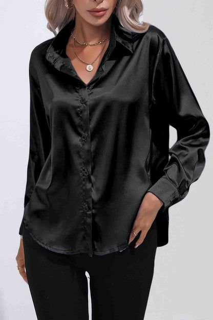 Satin Button Up Blouse with Lapel