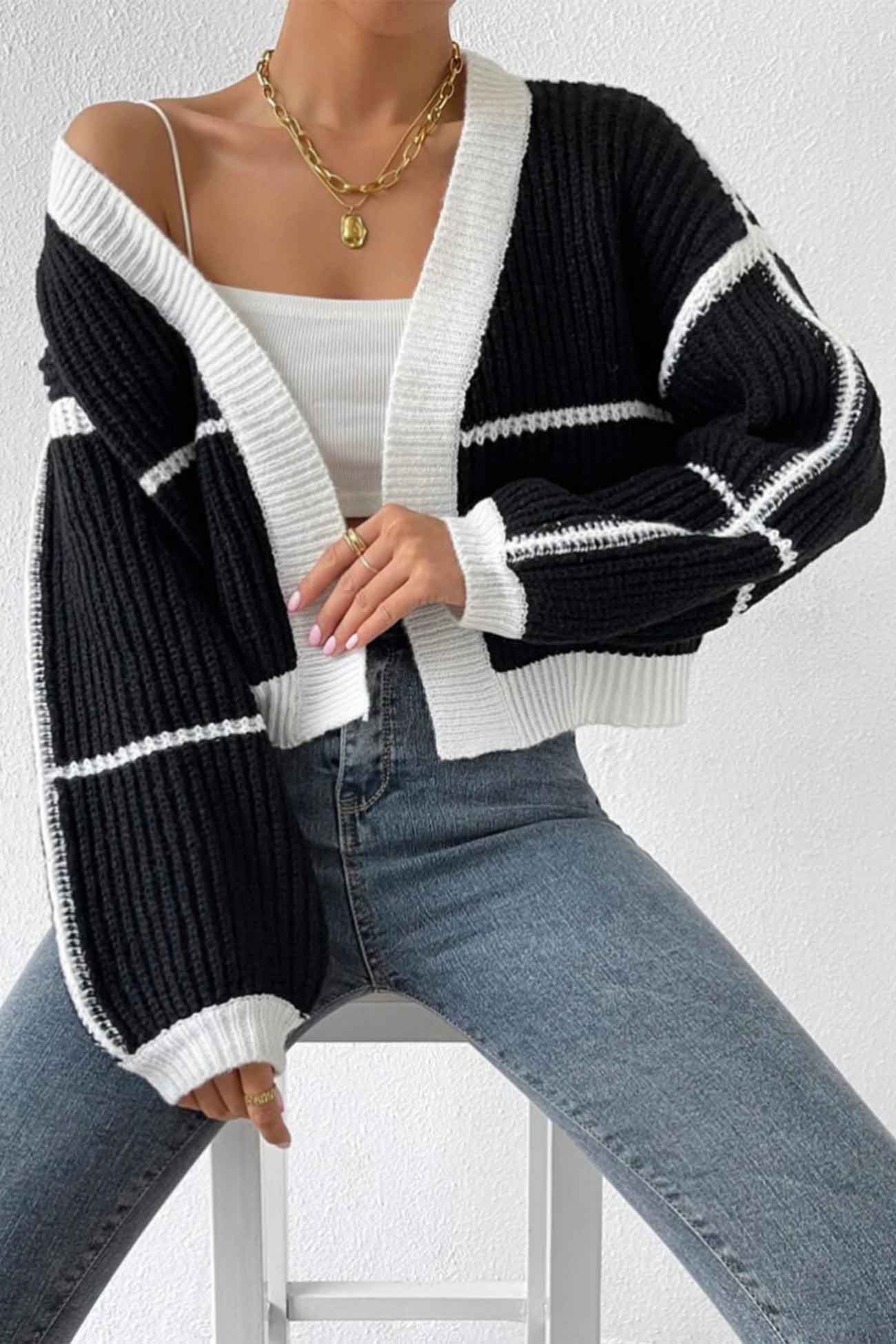 Patchwork Knit Long Sleeve Open-Front Cardigan