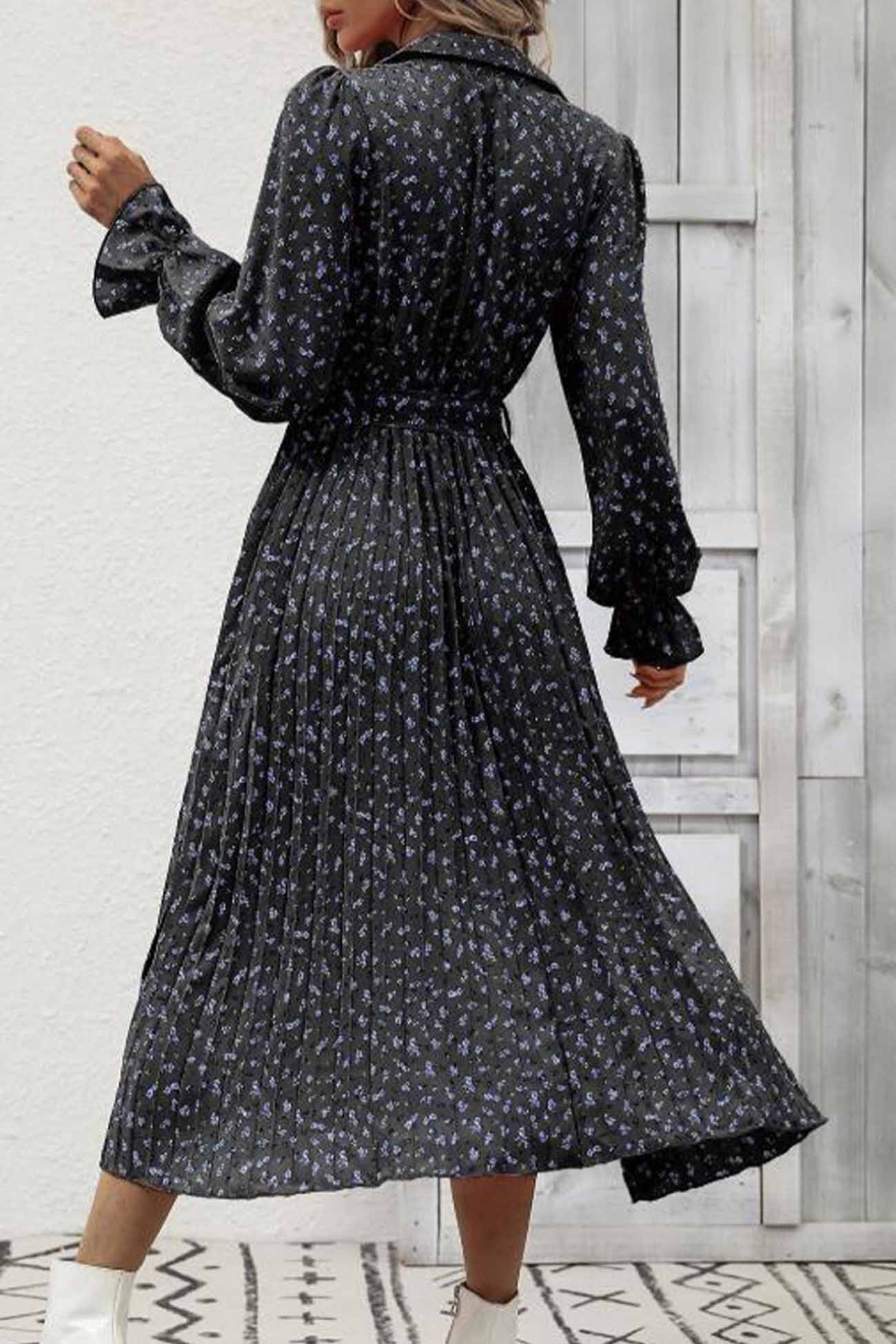 Floral Tie Waist Long Sleeve Pleated Midi Dress