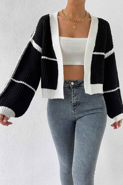 Patchwork Knit Long Sleeve Open-Front Cardigan