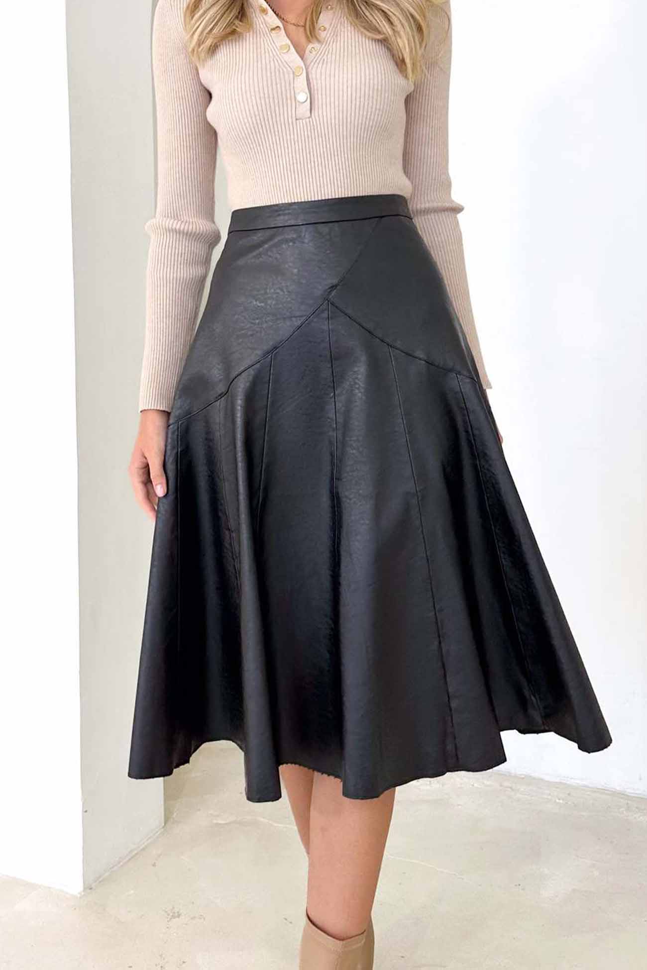 High Waist Pleated Midi Skirt crafted from Leather