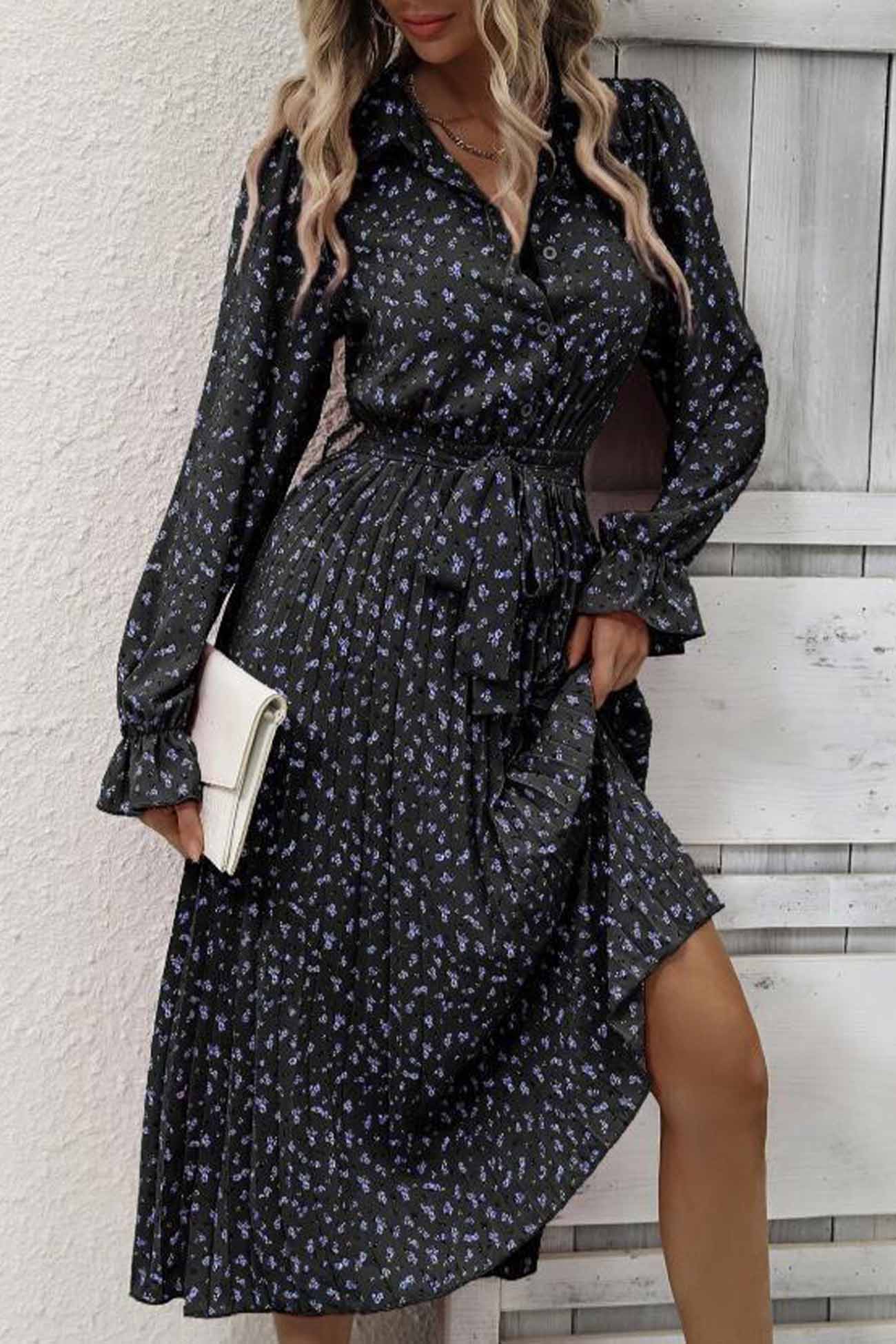 Floral Tie Waist Long Sleeve Pleated Midi Dress