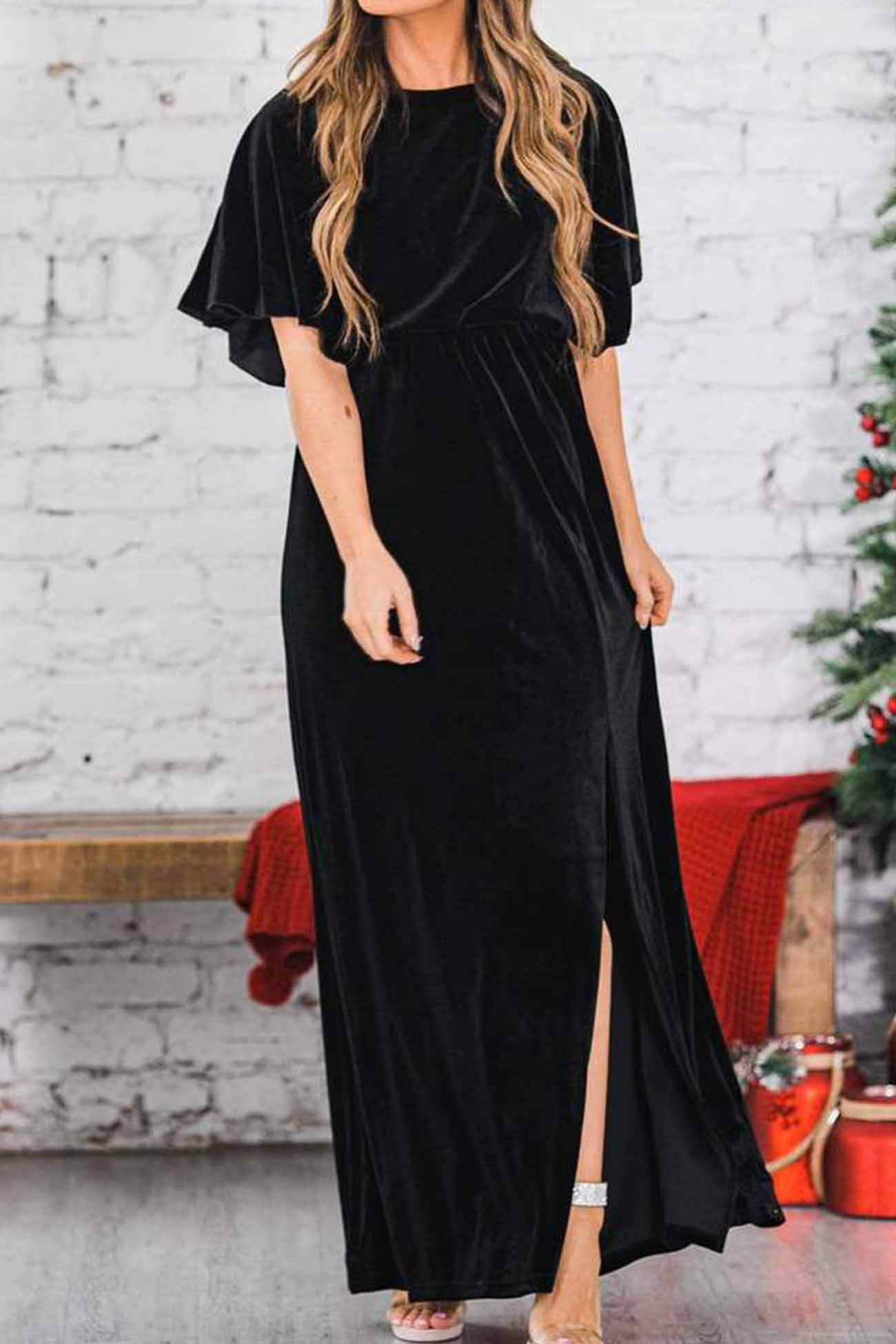 Velvet Crew Neck Midi Dress with High Slit