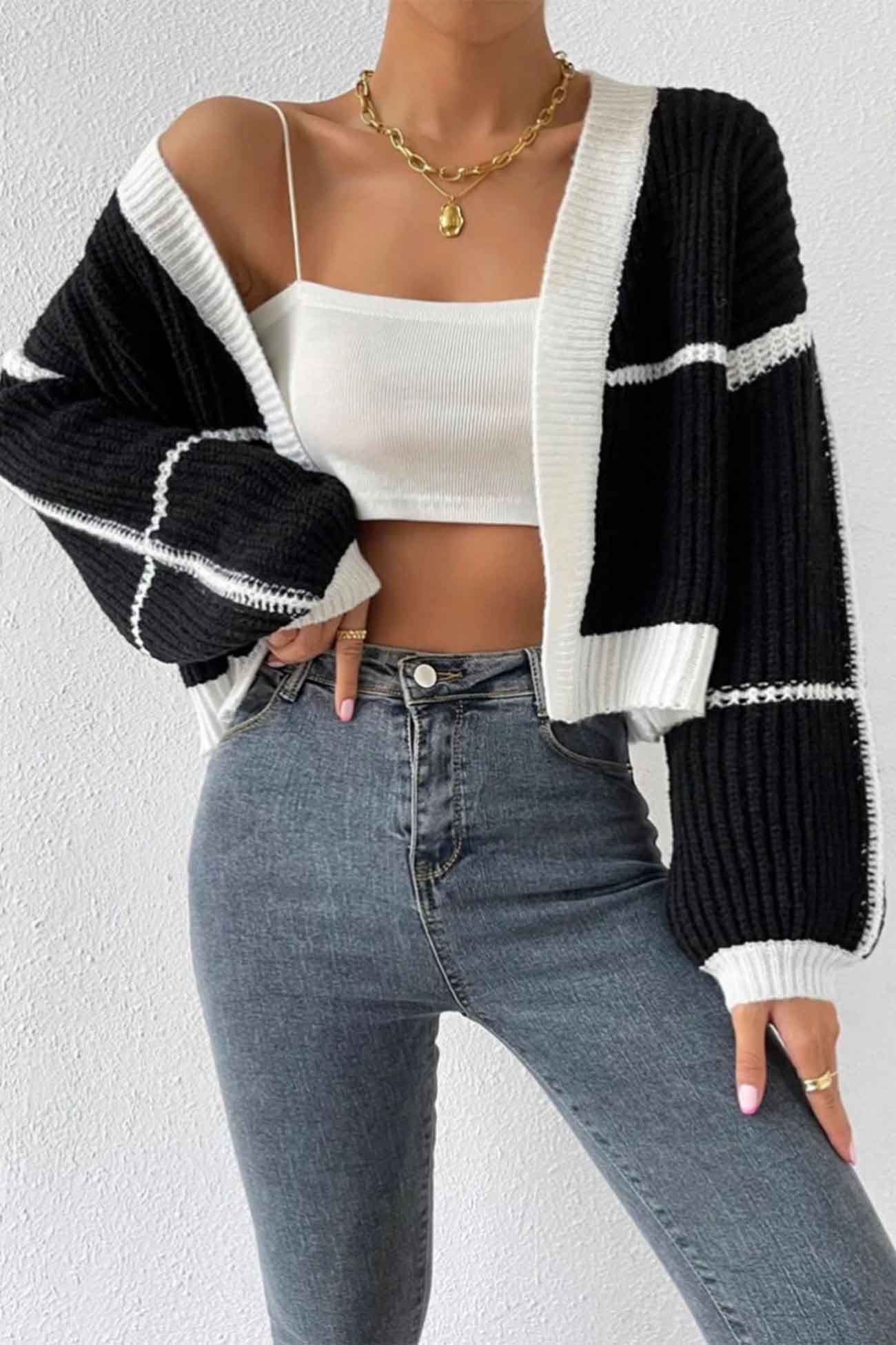 Patchwork Knit Long Sleeve Open-Front Cardigan