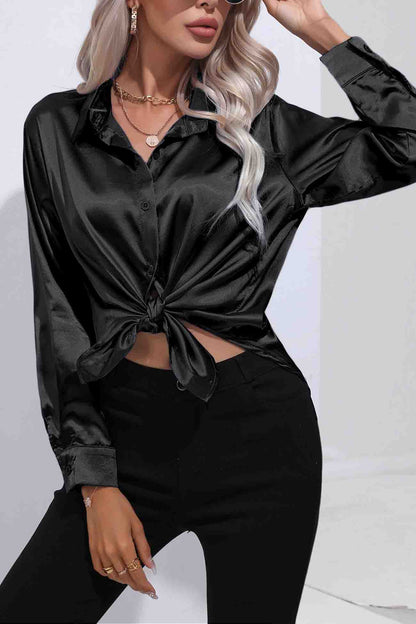 Satin Button Up Blouse with Lapel