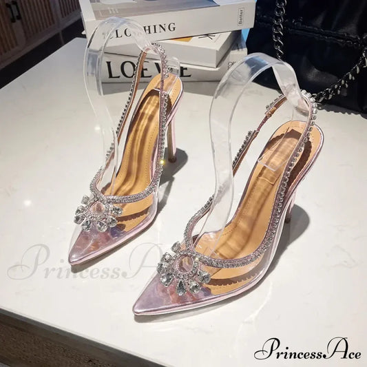 Bling Rhinestone Sandal Sexy Pointed Pvc Clear Slingback Back Strap Thin High Heels Party Prom Heel