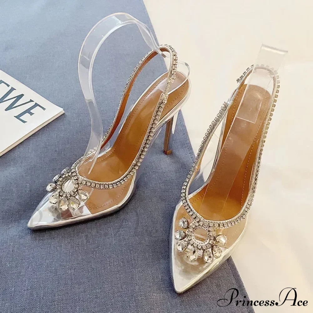 Bling Rhinestone Sandal Sexy Pointed Pvc Clear Slingback Back Strap Thin High Heels Party Prom Heel