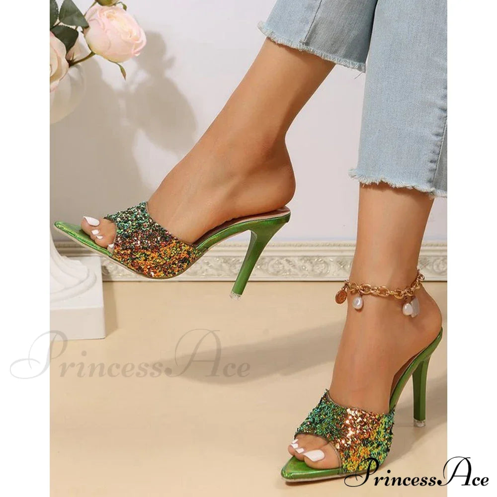 Bling Sequins Pointed Toe Thin Heeled Sandalsfashion Slip-On Going Out Femme Party Pumps High Heel