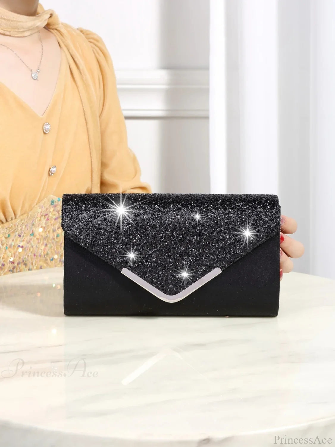 Bling Shiny Elegant Envelope Clutch Party Wedding Bag Black clutchbag-250126
