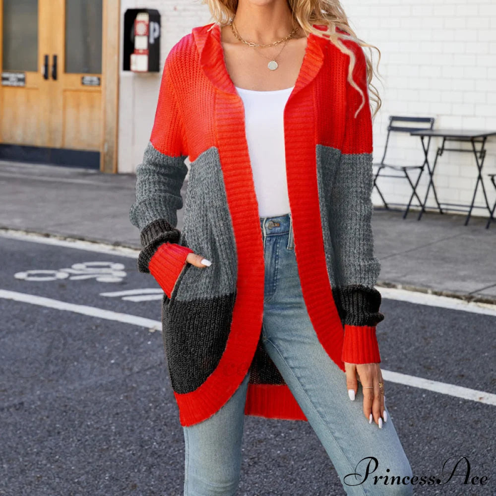 Casual Colour Block Cardigan Red best Best Sellings cardigan cardigans clothes Sale tops Topseller