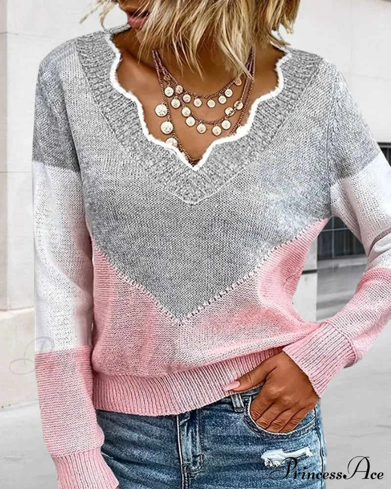 Block V Neck Color Pullover Sweaters-L