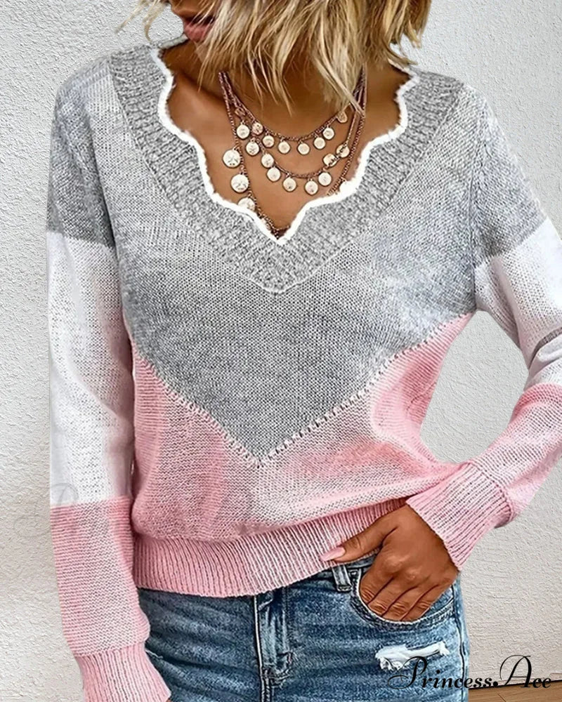 Block V Neck Color Pullover Sweaters-L