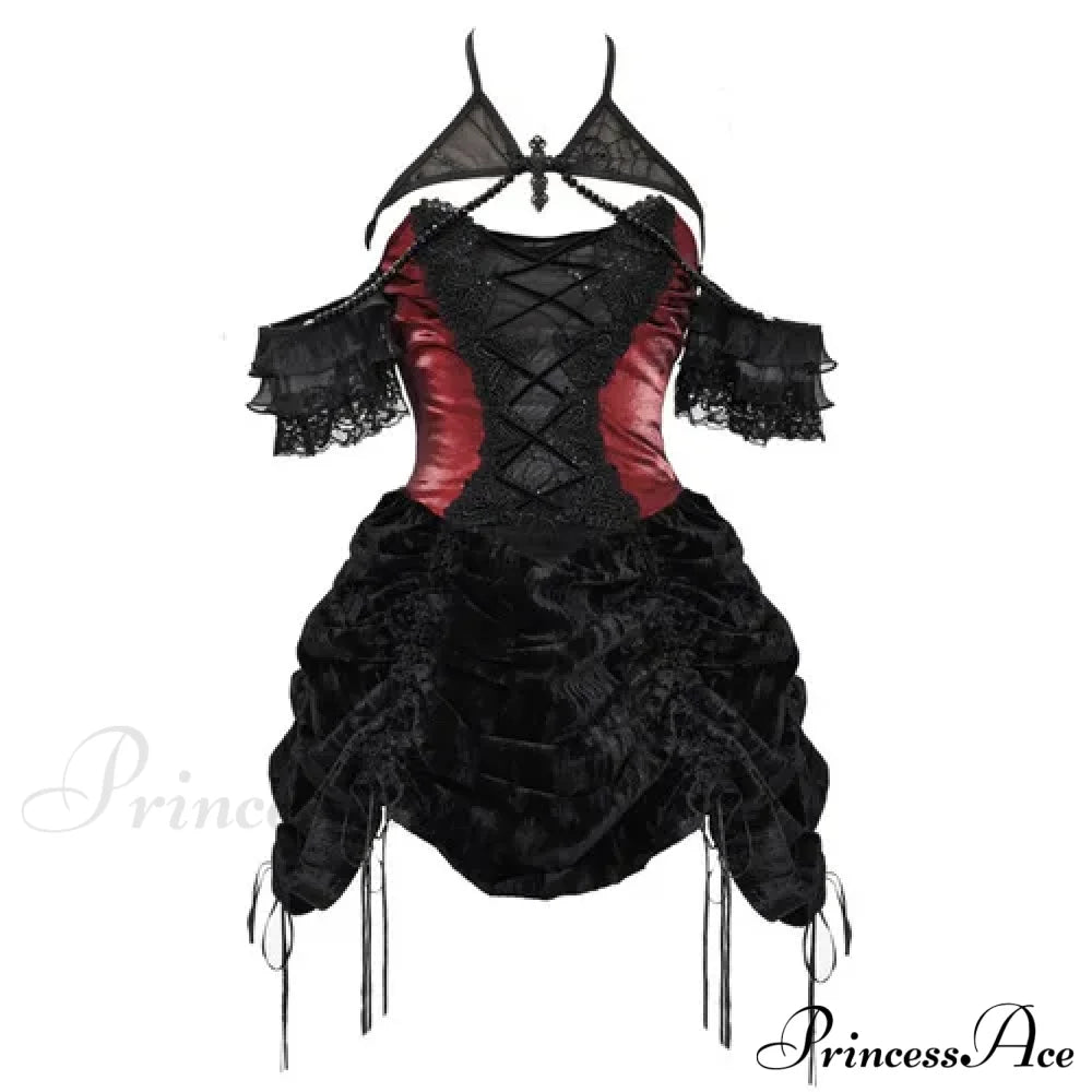 Blood Supply Gothic Velvet Slim Strap Drawstring Halter Black Red Grunge Mini Halloween Vestido