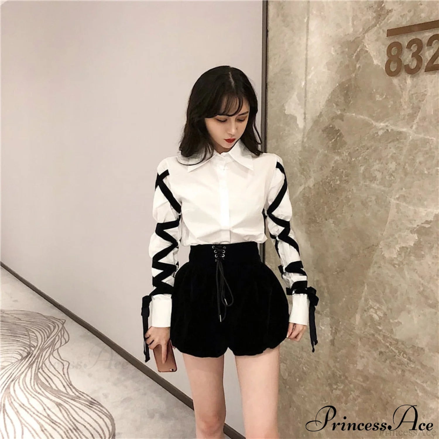 Blous Top Womens Spring Long Ribbons Arm Casual Black Stitching Office Blouse Lady