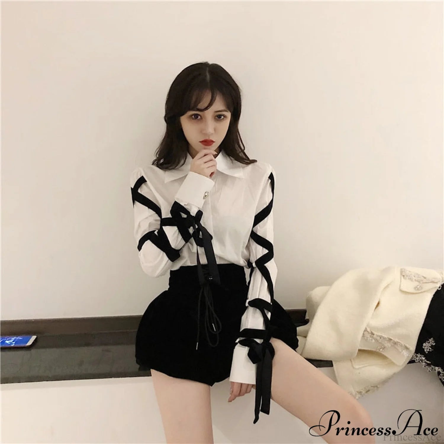 Blous Top Womens Spring Long Ribbons Arm Casual Black Stitching Office Blouse Lady