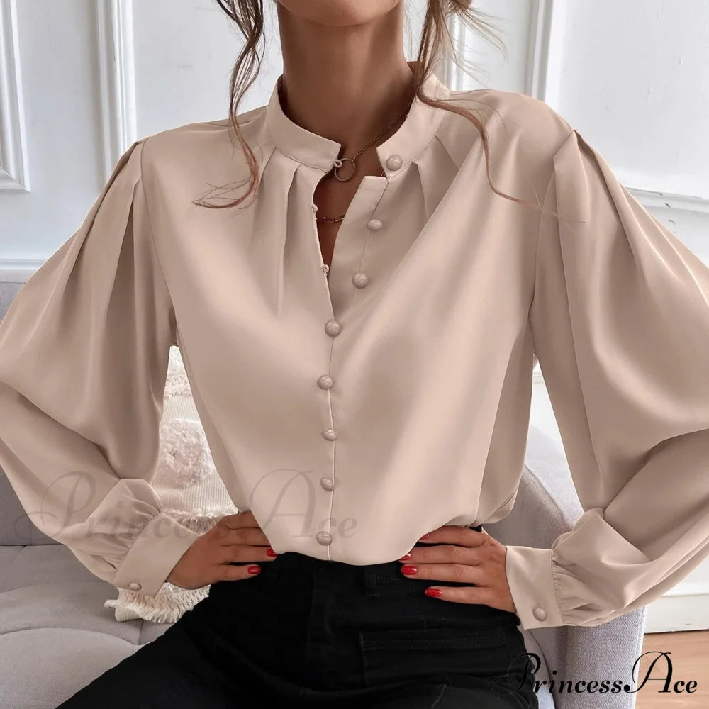 Bishop Sleeve Button Up Blouse Apricot __stock:200 clothes refund_fee:1200 tops