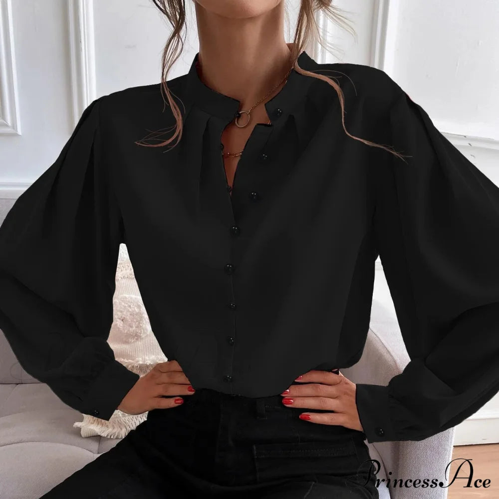 Bishop Sleeve Button Up Blouse Black __stock:200 clothes refund_fee:1200 tops