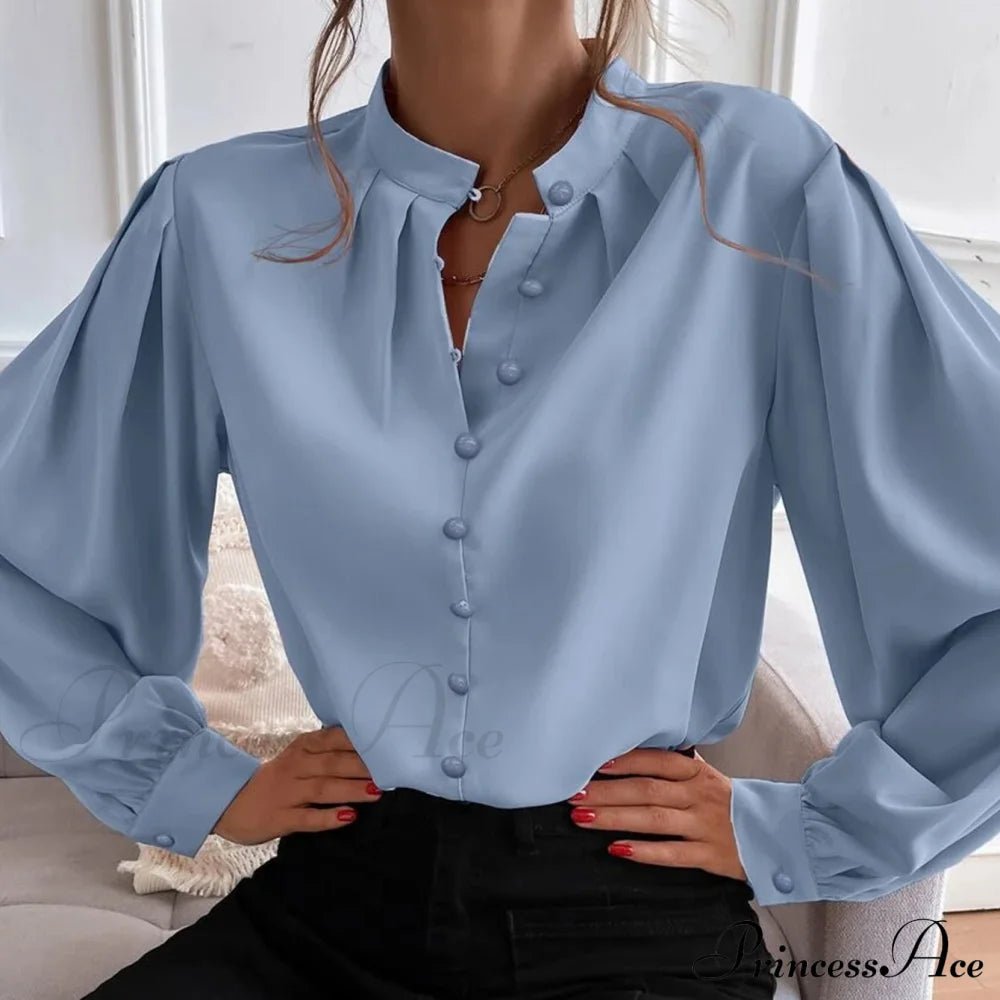 Bishop Sleeve Button Up Blouse Blue __stock:200 clothes refund_fee:1200 tops