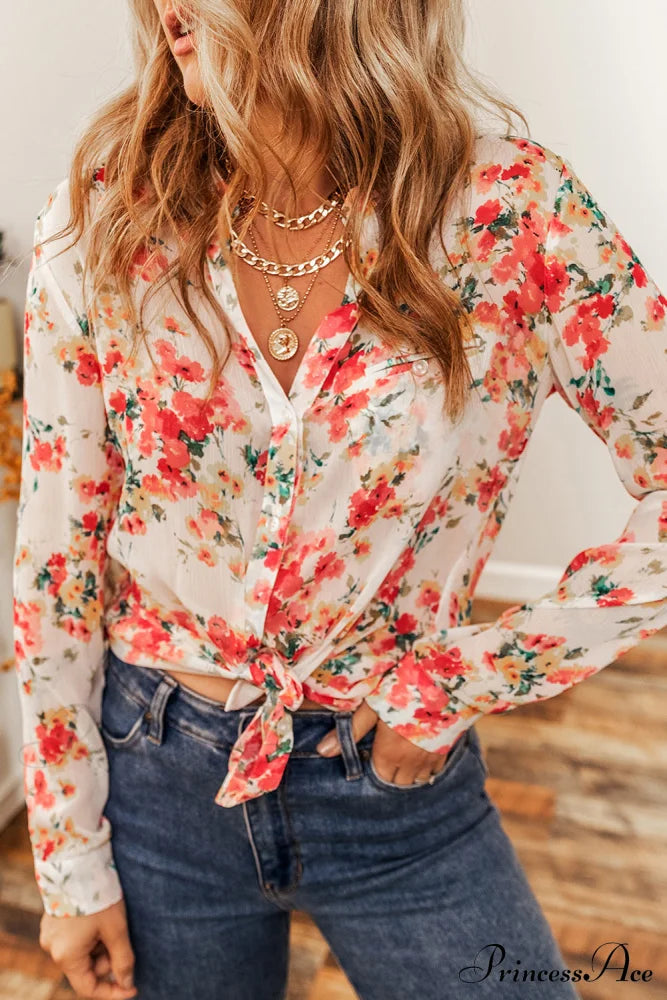 Vibrant Floral Print Chest Pocket Shirt Snow White Polyester All In Stock clothes Color Red DL Chic DL Exclusive long sleeve shirts long sleeve top long sleeve tops Occasion Daily Print Floral Season Winter shirt shirts Style Southern Belle top tops