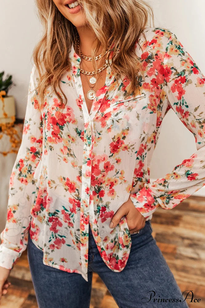 Blouse Chest Flowered Design With Pocket Tops