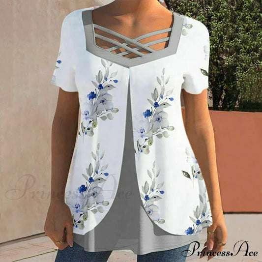 Double Layer Floral Print Blouse White best Best Sellings clothes Plus Size Sale tops Topseller