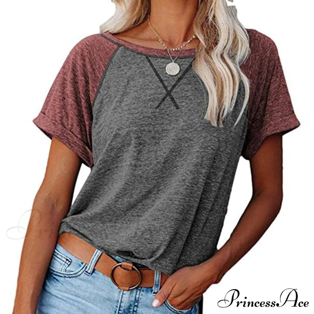 Women's Short Sleeve Raglan Crewneck T Shirts Gray/Wine __stock:200 clothes refund_fee:800 tops