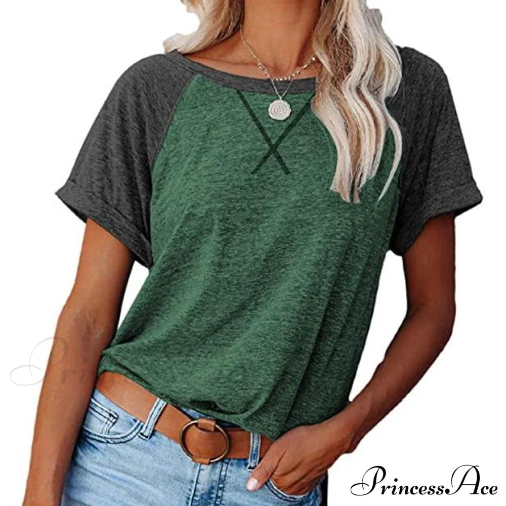 Women's Short Sleeve Raglan Crewneck T Shirts Green/Gray __stock:200 clothes refund_fee:800 tops