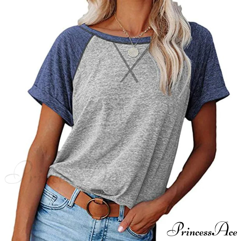 Women's Short Sleeve Raglan Crewneck T Shirts Light Gray/Blue __stock:200 clothes refund_fee:800 tops