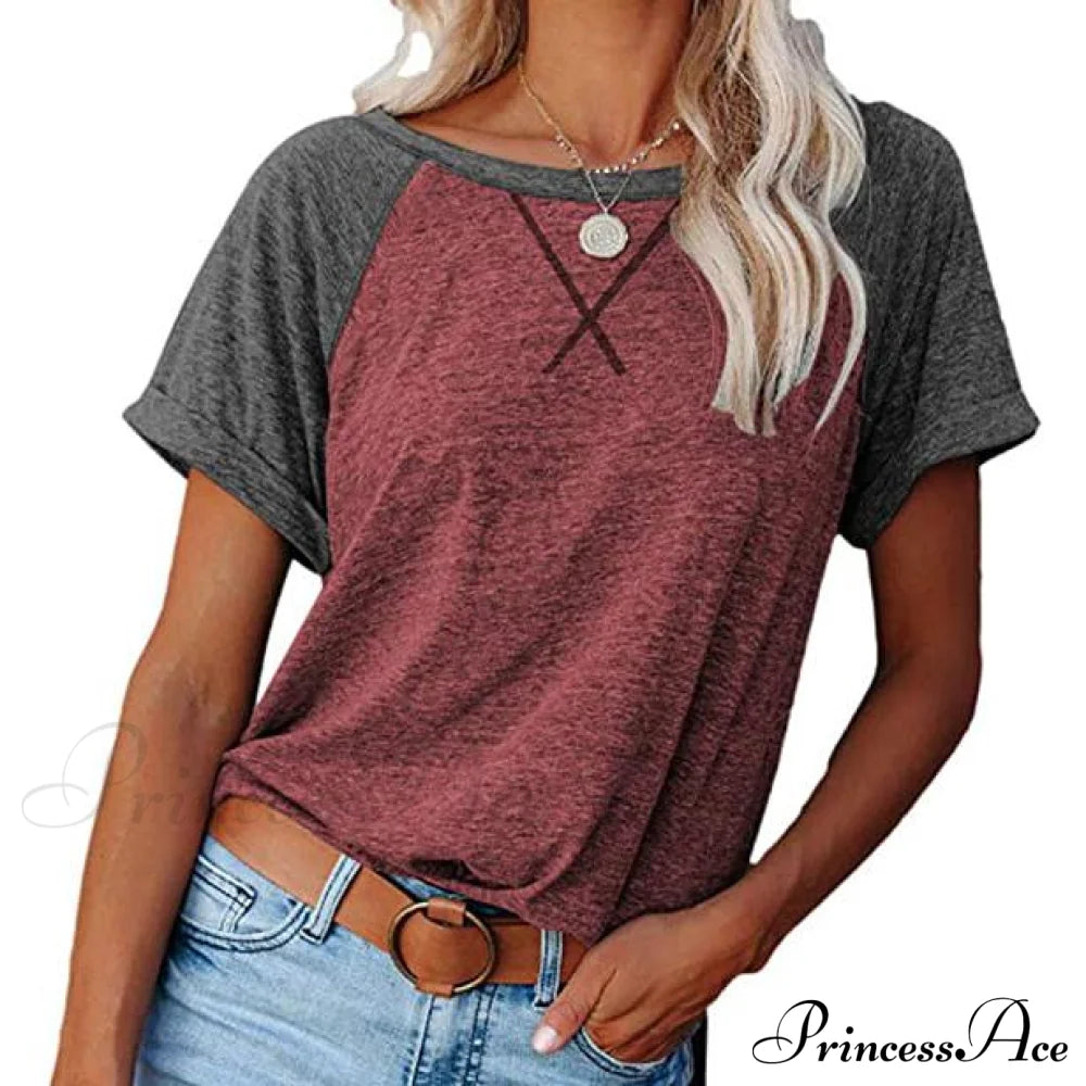 Women's Short Sleeve Raglan Crewneck T Shirts Wine/Gray __stock:200 clothes refund_fee:800 tops