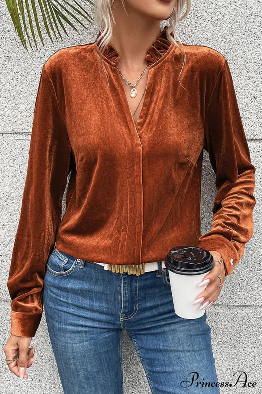 Gold Flame Frilled Collar Velvet Shirt Gold Flame 95%Polyester+5%Elastane All In Stock clothes Color Orange Fabric Velvet long sleeve shirt long sleeve shirts long sleeve top long sleeve tops Print Solid Color Season Winter shirt shirts Style Southern Belle top tops Tops/Blouses