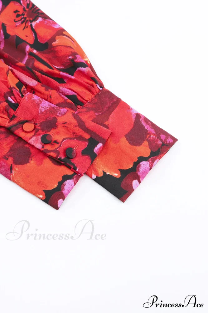Blouse Lantern Arm Flowered Design In Red Tops