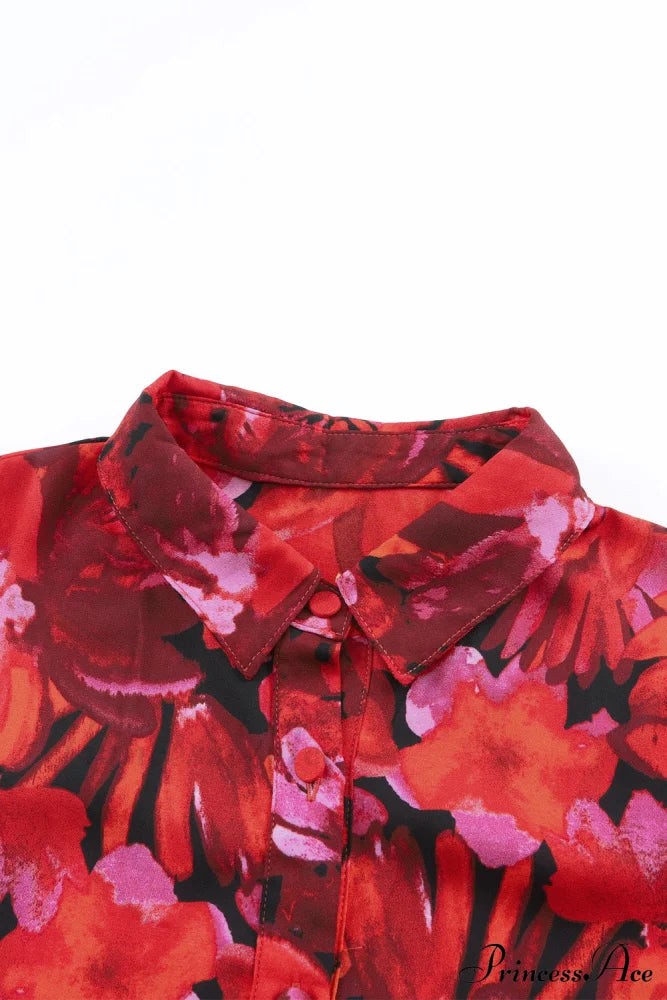 Blouse Lantern Arm Flowered Design In Red Tops