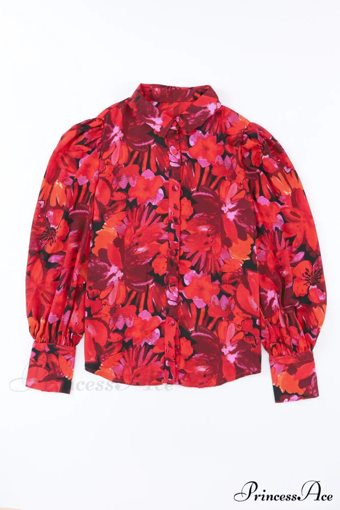 Blouse Lantern Arm Flowered Design In Red Tops