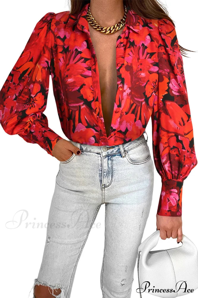 Blouse Lantern Arm Flowered Design In Red Tops
