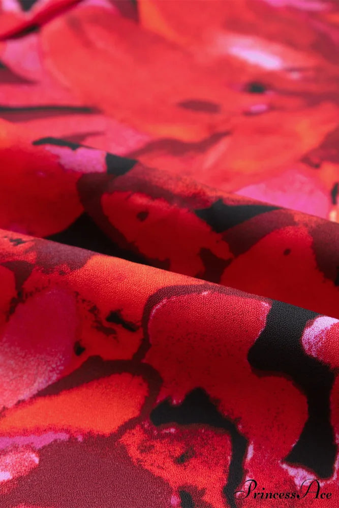 Blouse Lantern Arm Flowered Design In Red Tops