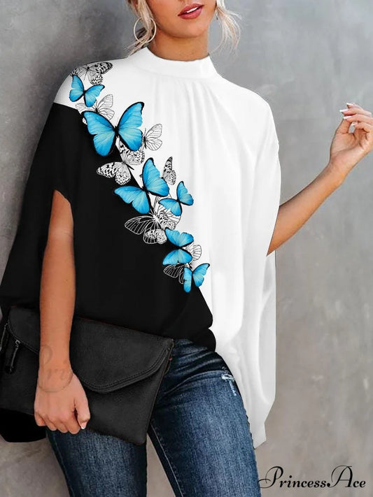 Blouse Loose Top Femme Arm Casual Design Women Warm-Season Fashion Brief Elegant Splicing / S