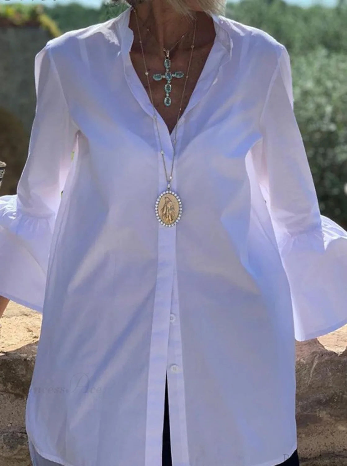 Blouse Office Arm - V Button Women’s Flare Up White Neck