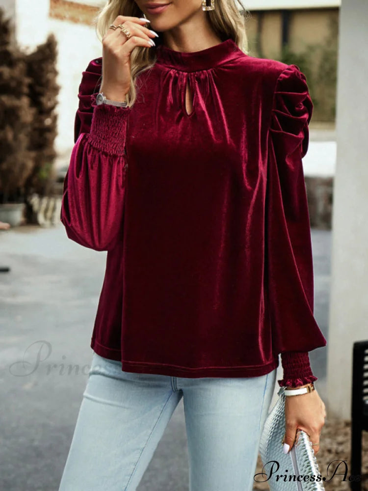 Blouse Turtleneck Puff Gold Bow Arm For Velvet Long Women