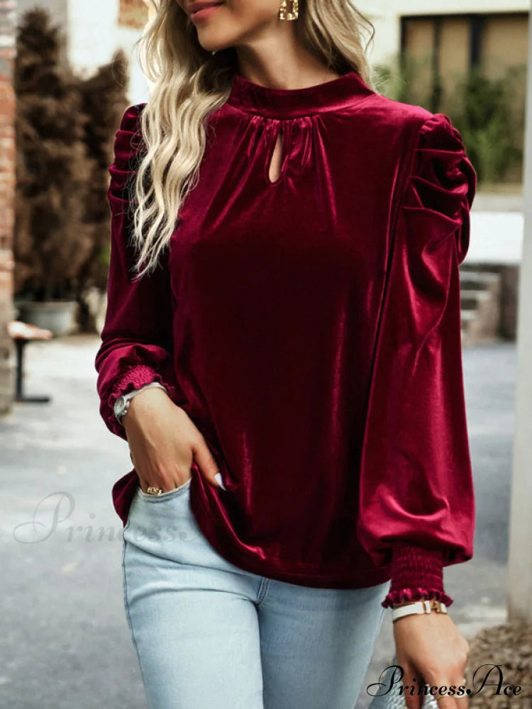 Blouse Turtleneck Puff Gold Bow Arm For Velvet Long Women