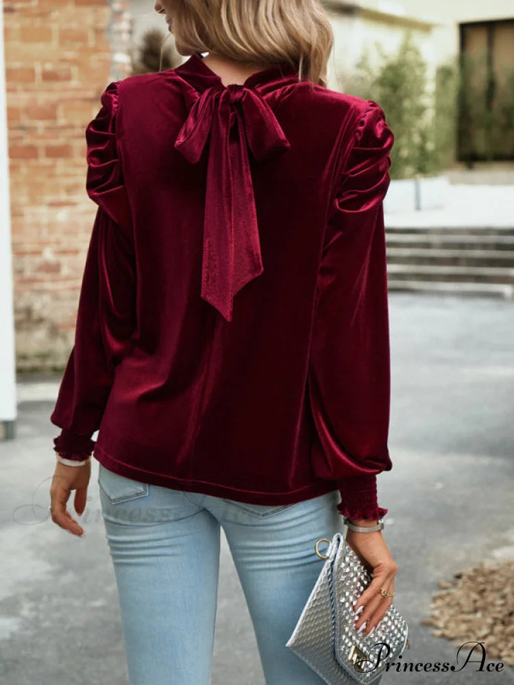 Blouse Turtleneck Puff Gold Bow Arm For Velvet Long Women