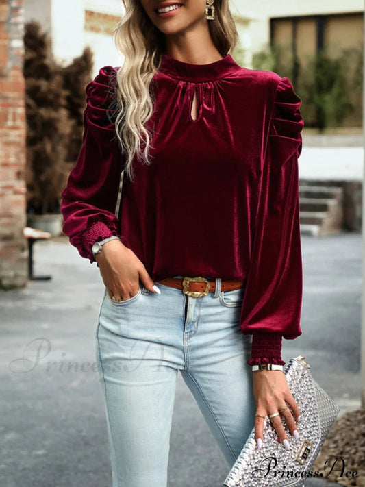 Blouse Turtleneck Puff Gold Bow Arm For Velvet Long Women