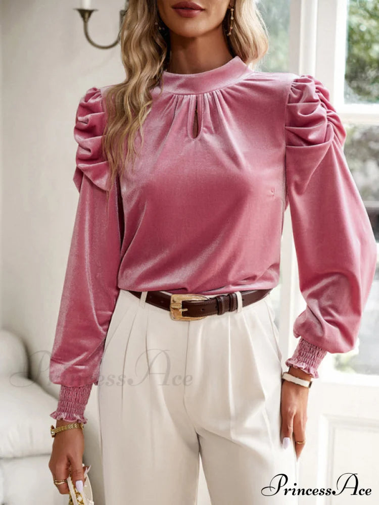 Women's gold velvet turtleneck bow puff sleeve, long sleeve shirt Pink clothes long sleeve shirt long sleeve shirts long sleeve top long sleeve tops shirt shirts top tops