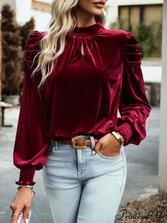 Women's gold velvet turtleneck bow puff sleeve, long sleeve shirt Wine Red clothes long sleeve shirt long sleeve shirts long sleeve top long sleeve tops shirt shirts top tops